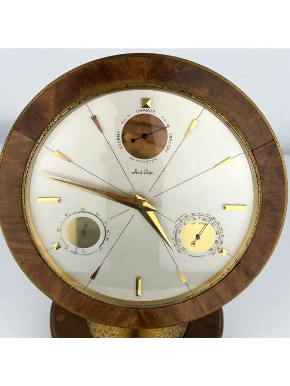 1965 MCM Lord Elgin Wood and Brass Pedestal Clock Weather Works Sales Award